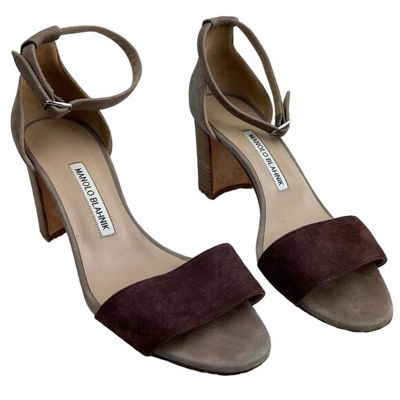 Authentic Manolo Blahnik Brown Gray Suede Strappy Sandal Block Heel 38.5 (US 8) - Picture 1 of 16
